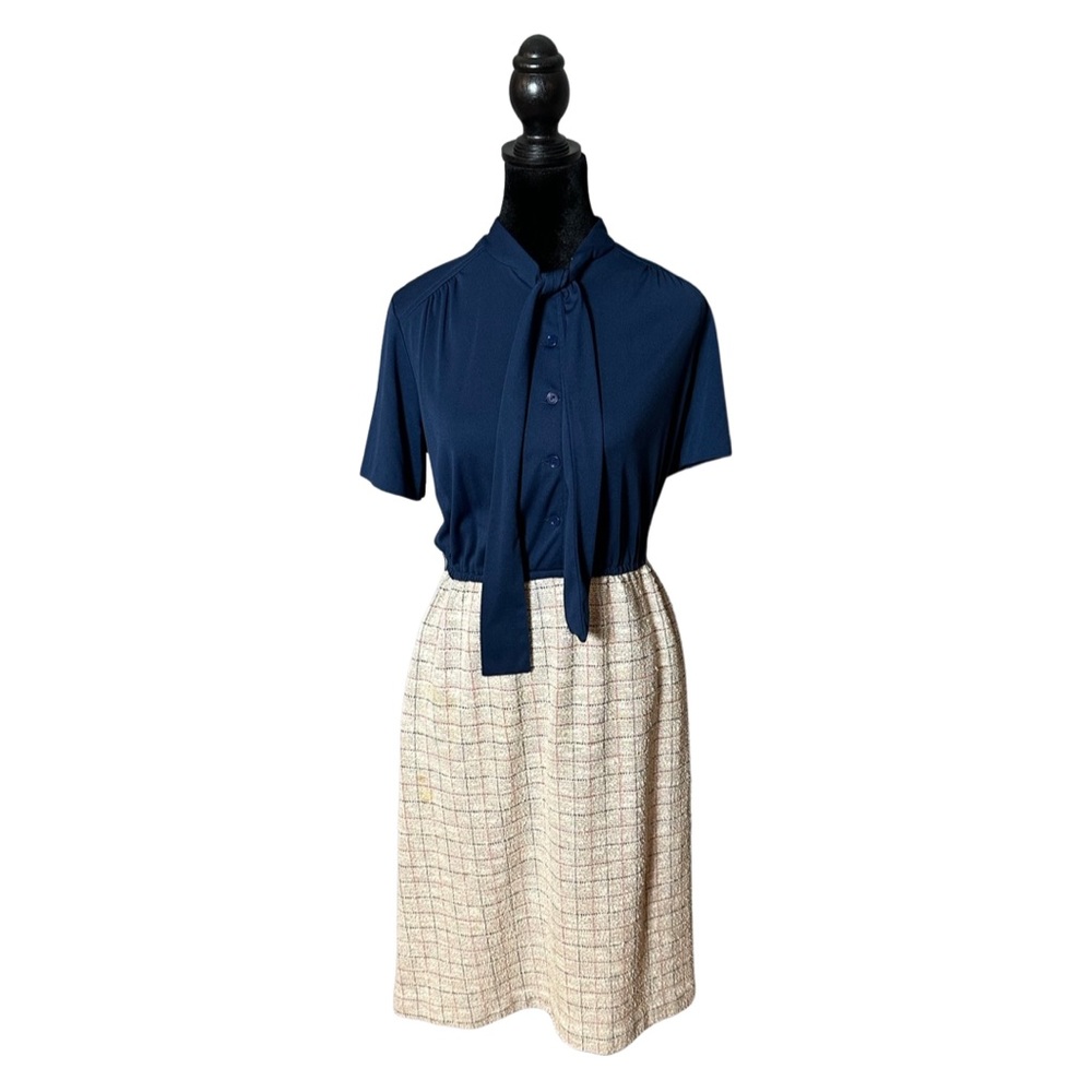 Vintage 70s Midi Dress Blue Front Tie Wool Look Bottom Square Size 14